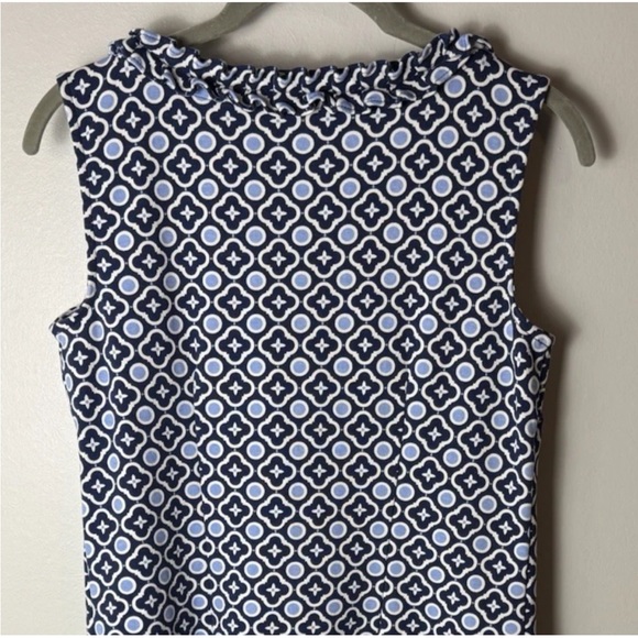 Talbots Navy Blue & White Sleeveless Sheath Dress Size Small Stretch Ruffle Neck - Picture 6 of 7